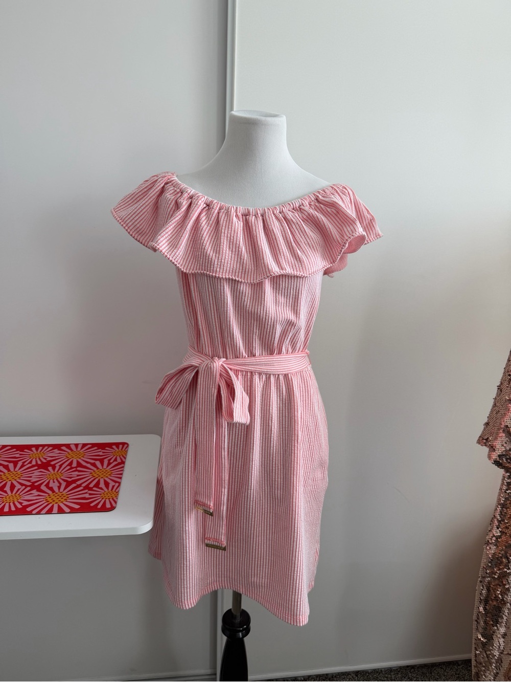 MICHAEL Michael Kors Pink Striped Off-Shoulder Belted Midi Dress